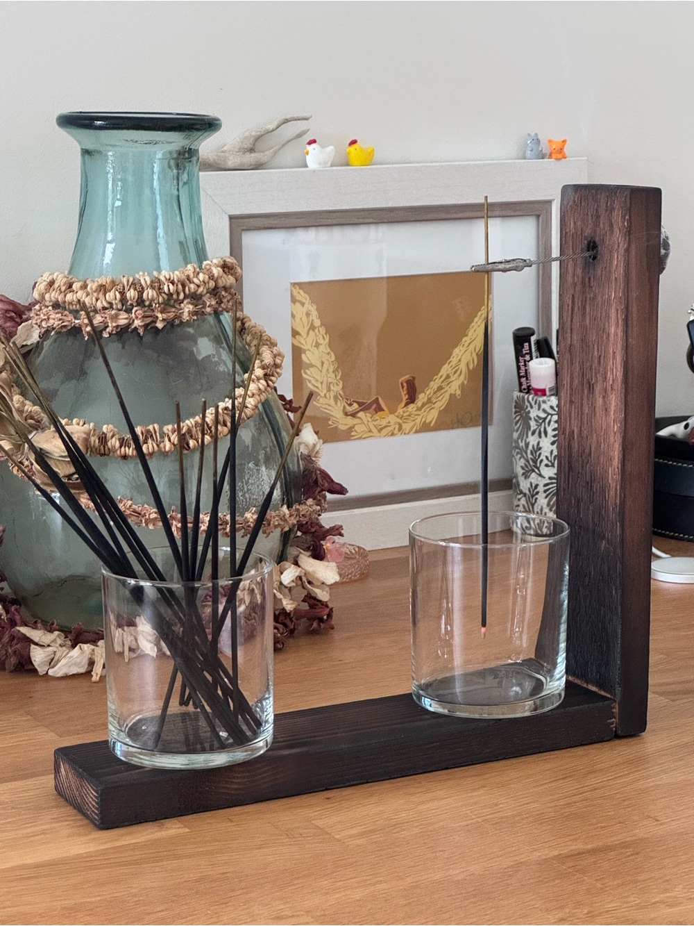 Wooden Incense Holder Stand with Glass Cups - Brown